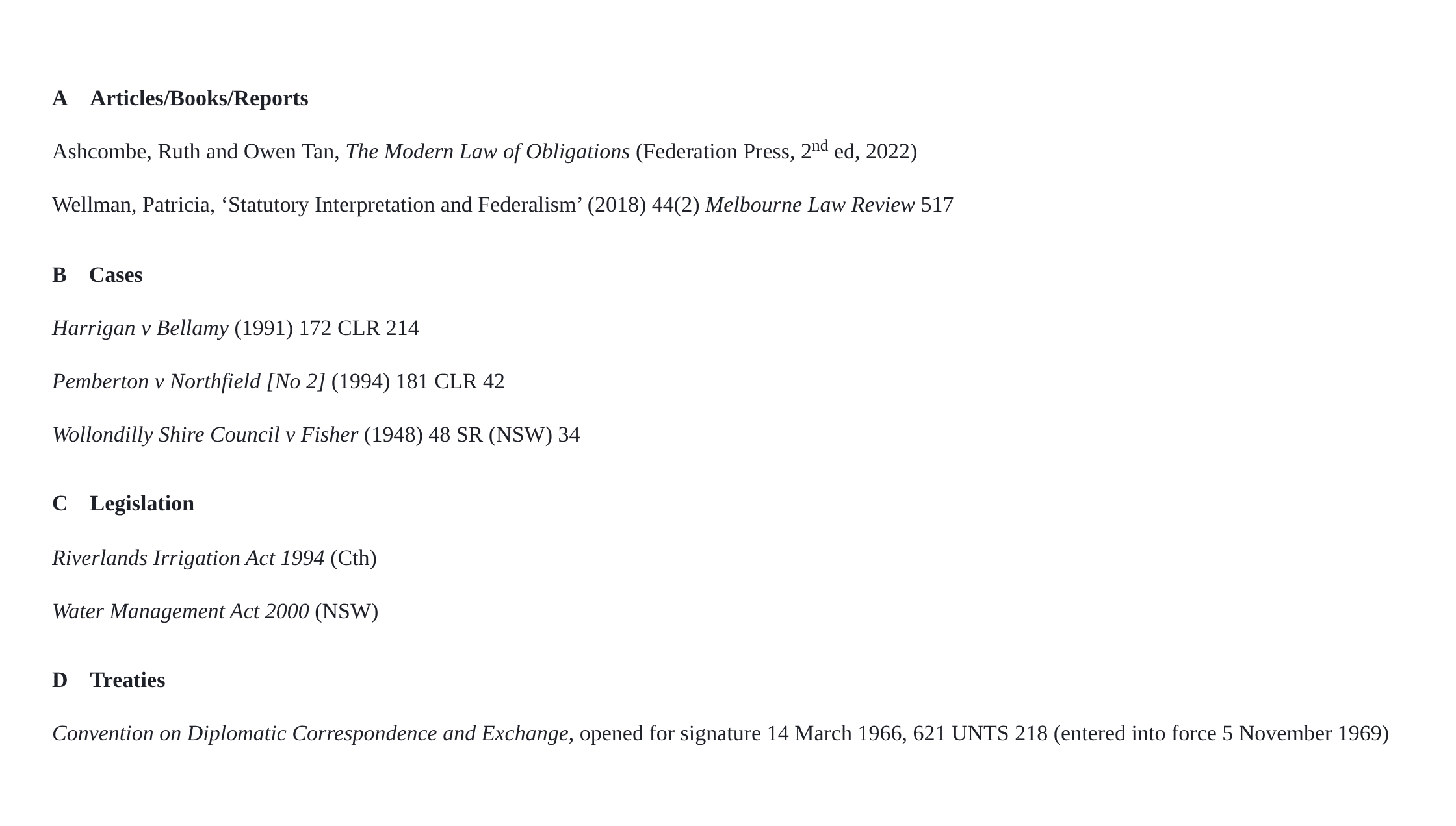 A Pincite bibliography with bold section headings — A Articles/Books/Reports, B Cases, C Legislation, D Treaties — and every entry alphabetised, flush left, in bibliography form.